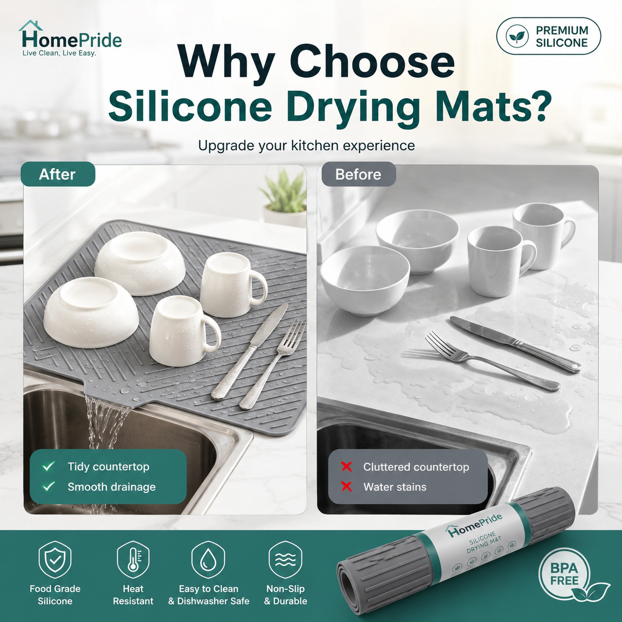 sheezaworld™ Large Silicone Dish Drying Mat for Kitchen.